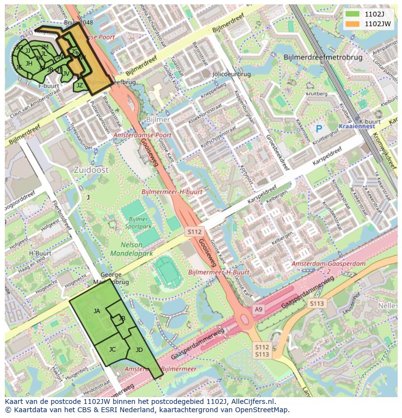 Afbeelding van het postcodegebied 1102 JW op de kaart.