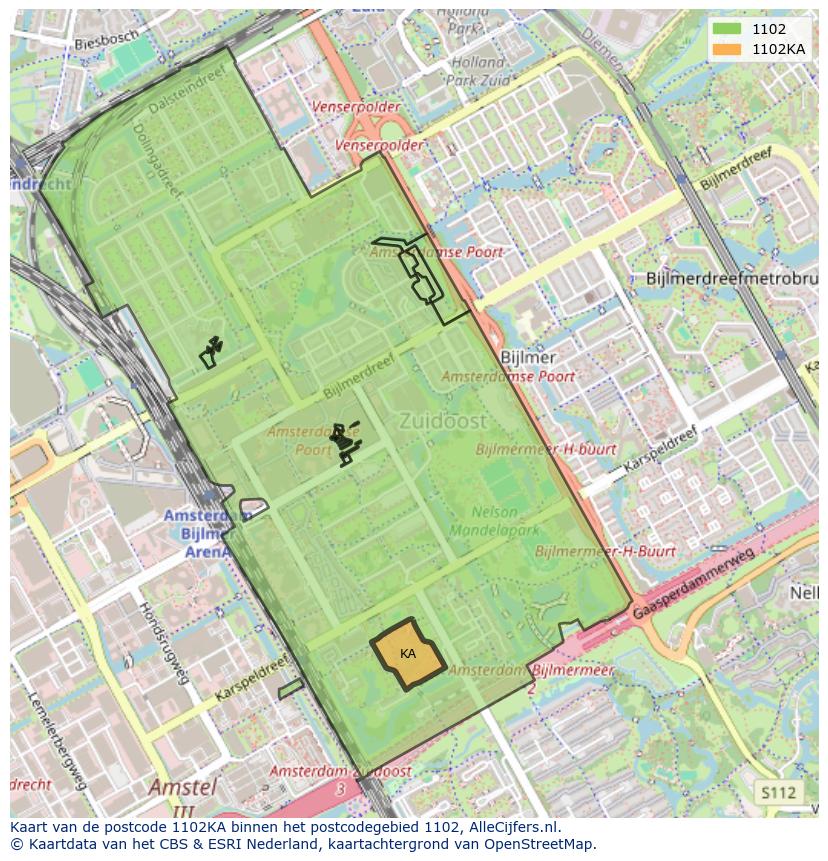 Afbeelding van het postcodegebied 1102 KA op de kaart.