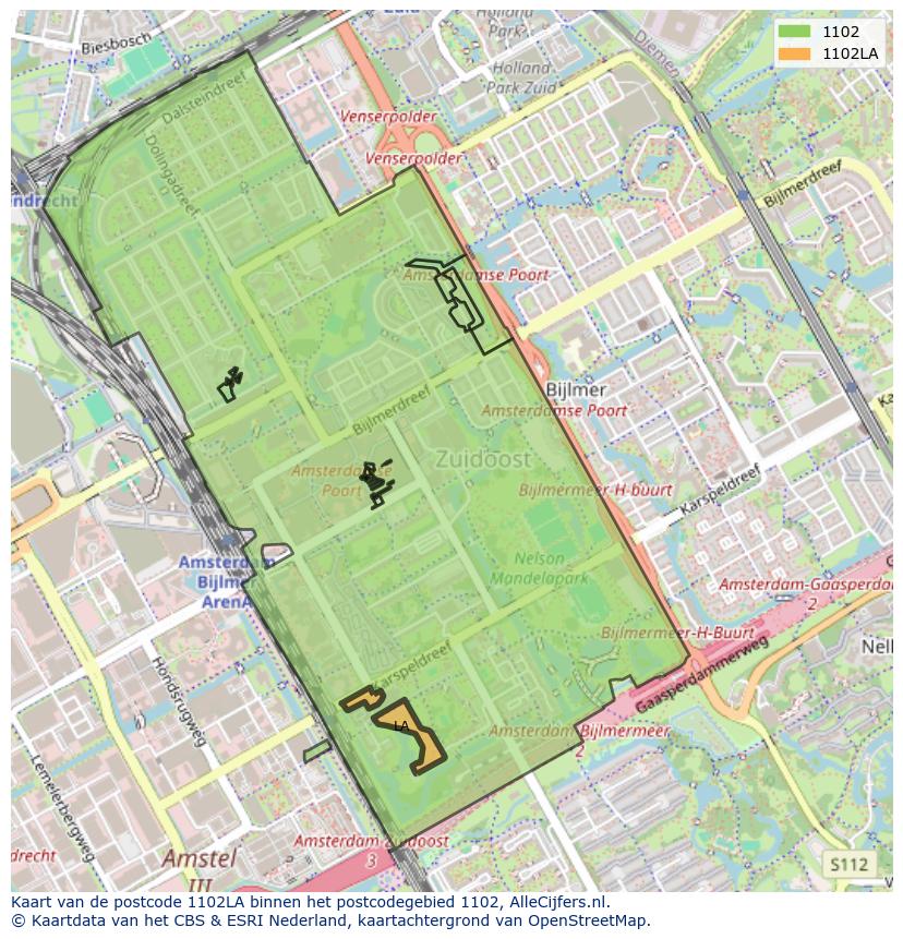 Afbeelding van het postcodegebied 1102 LA op de kaart.