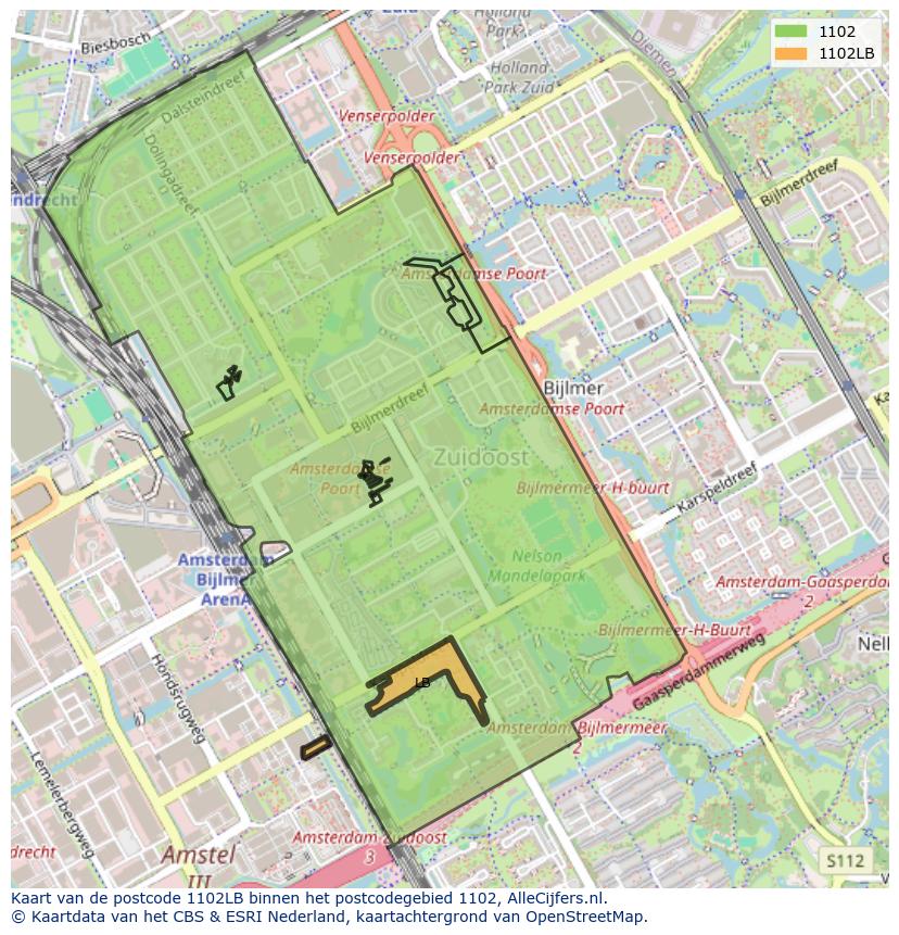 Afbeelding van het postcodegebied 1102 LB op de kaart.