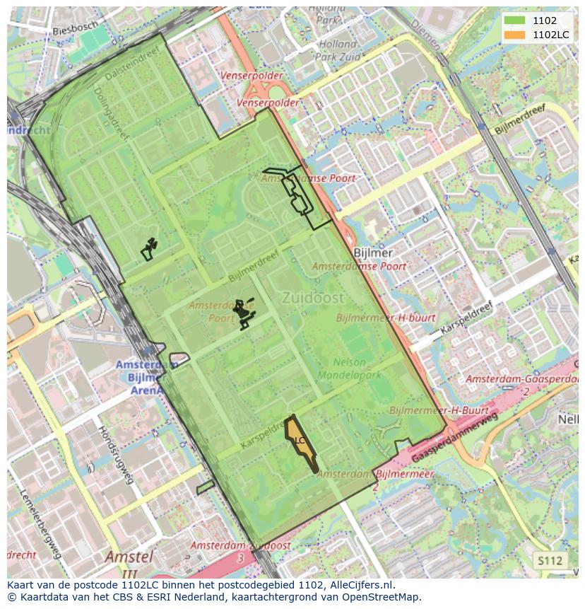 Afbeelding van het postcodegebied 1102 LC op de kaart.