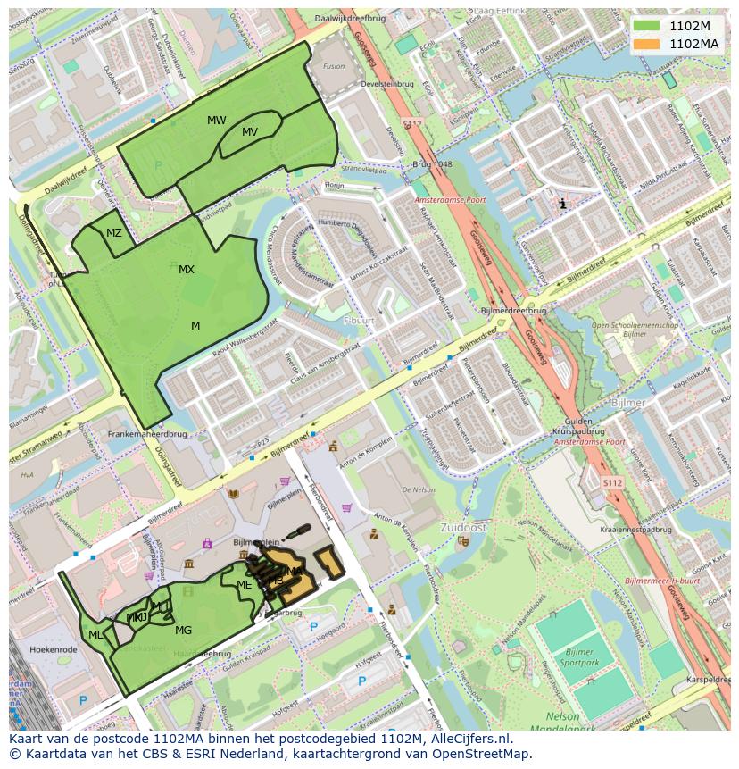 Afbeelding van het postcodegebied 1102 MA op de kaart.