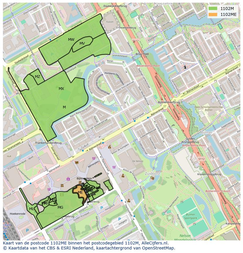 Afbeelding van het postcodegebied 1102 ME op de kaart.