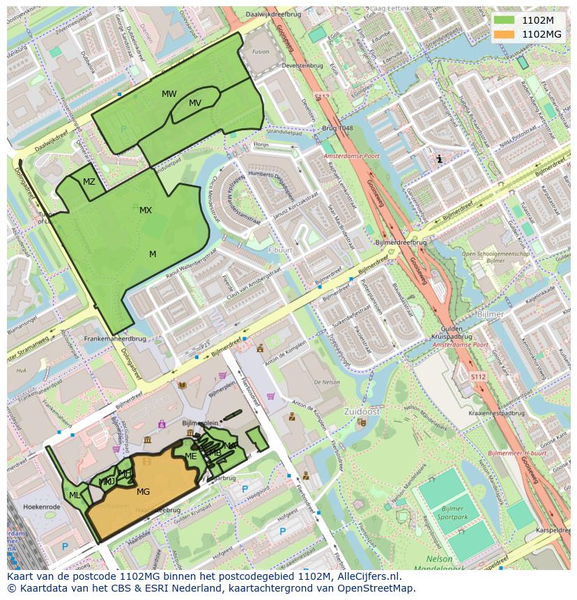 Afbeelding van het postcodegebied 1102 MG op de kaart.