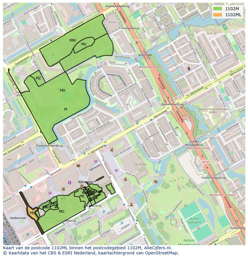 Afbeelding van het postcodegebied 1102 ML op de kaart.