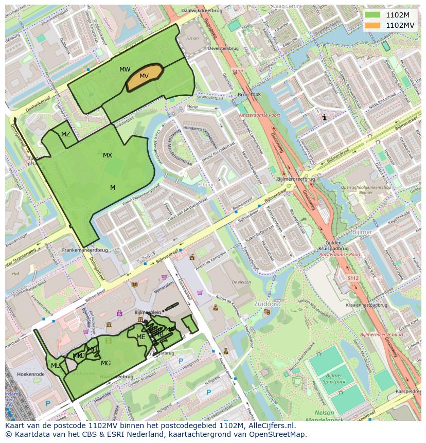 Afbeelding van het postcodegebied 1102 MV op de kaart.