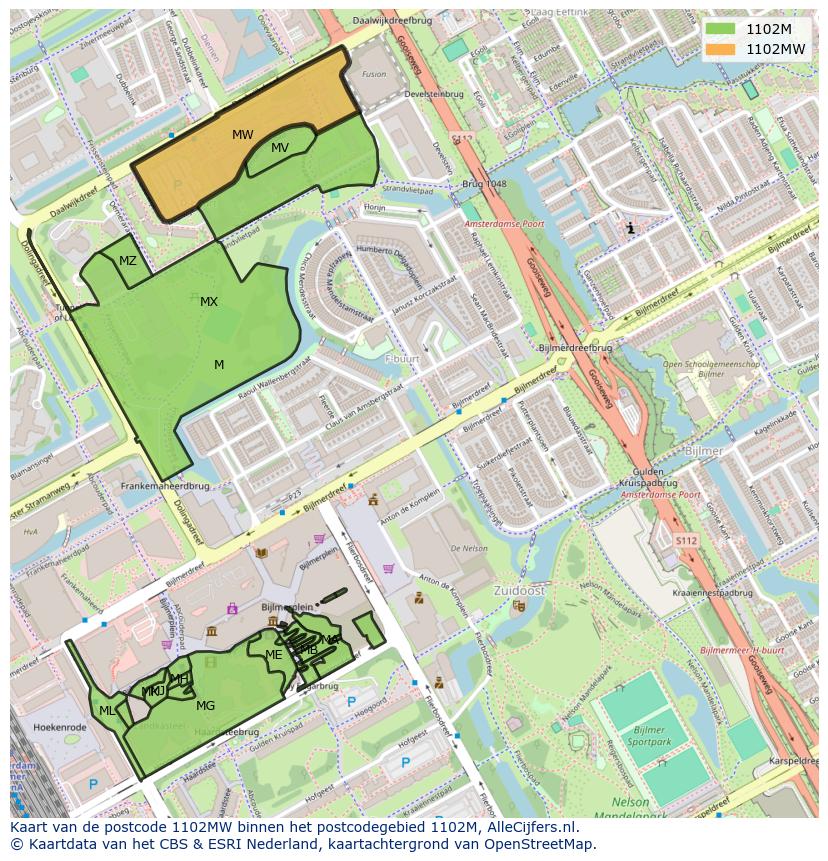 Afbeelding van het postcodegebied 1102 MW op de kaart.