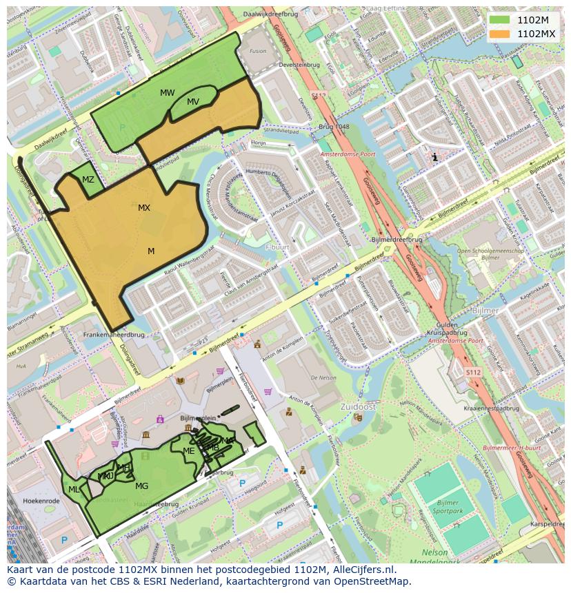 Afbeelding van het postcodegebied 1102 MX op de kaart.