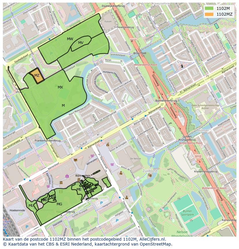 Afbeelding van het postcodegebied 1102 MZ op de kaart.