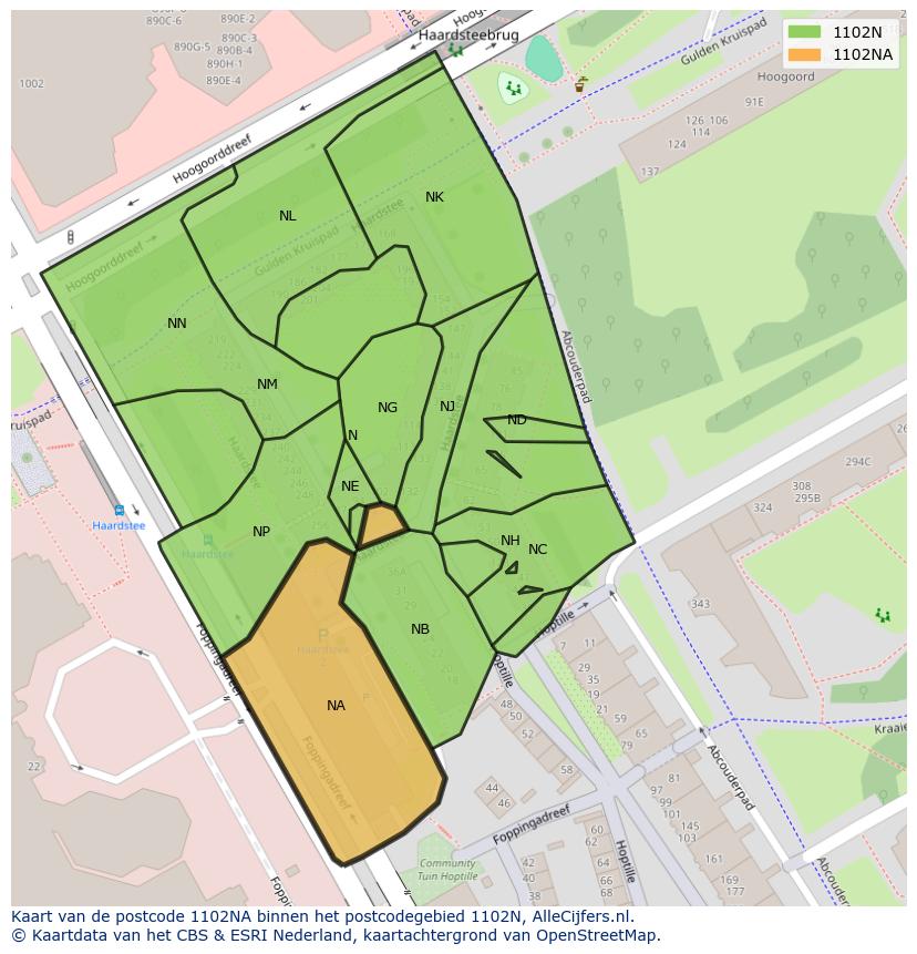 Afbeelding van het postcodegebied 1102 NA op de kaart.