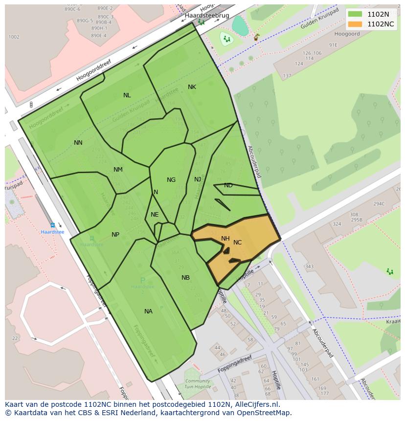 Afbeelding van het postcodegebied 1102 NC op de kaart.
