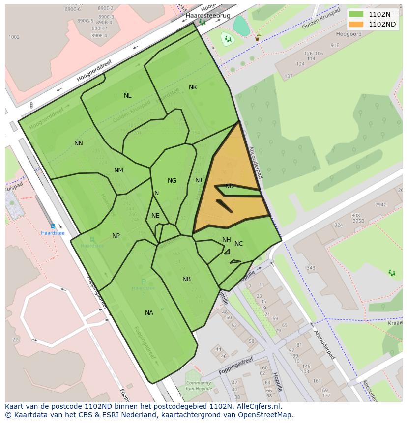 Afbeelding van het postcodegebied 1102 ND op de kaart.