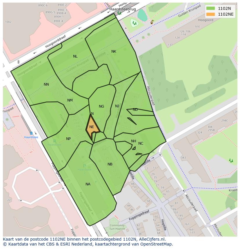 Afbeelding van het postcodegebied 1102 NE op de kaart.