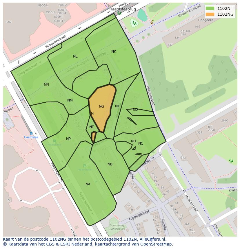 Afbeelding van het postcodegebied 1102 NG op de kaart.