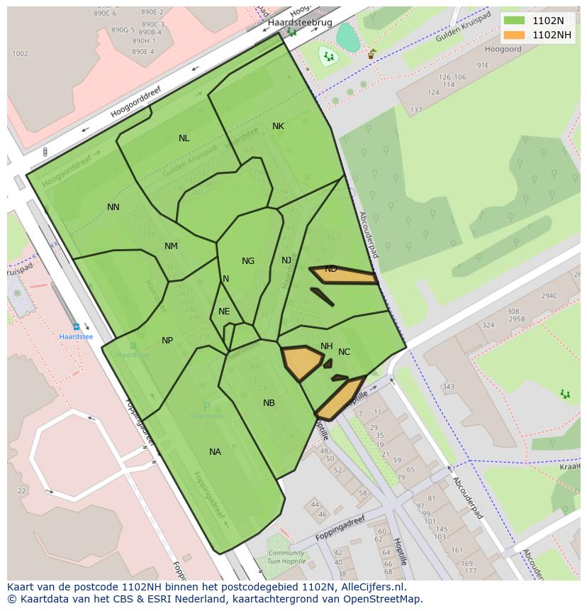 Afbeelding van het postcodegebied 1102 NH op de kaart.