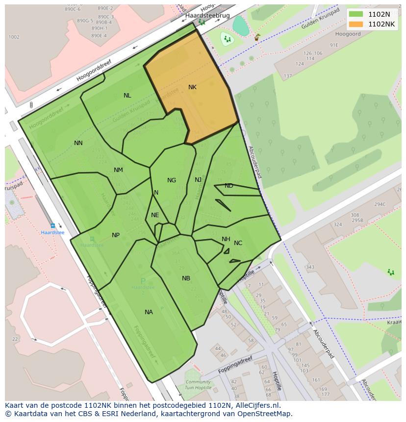 Afbeelding van het postcodegebied 1102 NK op de kaart.