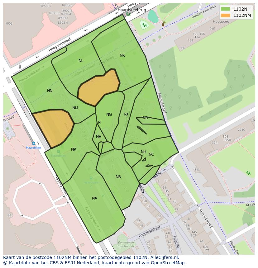 Afbeelding van het postcodegebied 1102 NM op de kaart.