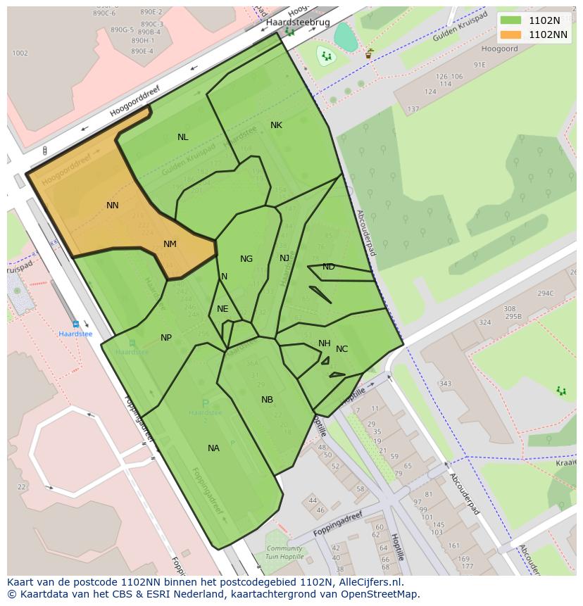Afbeelding van het postcodegebied 1102 NN op de kaart.