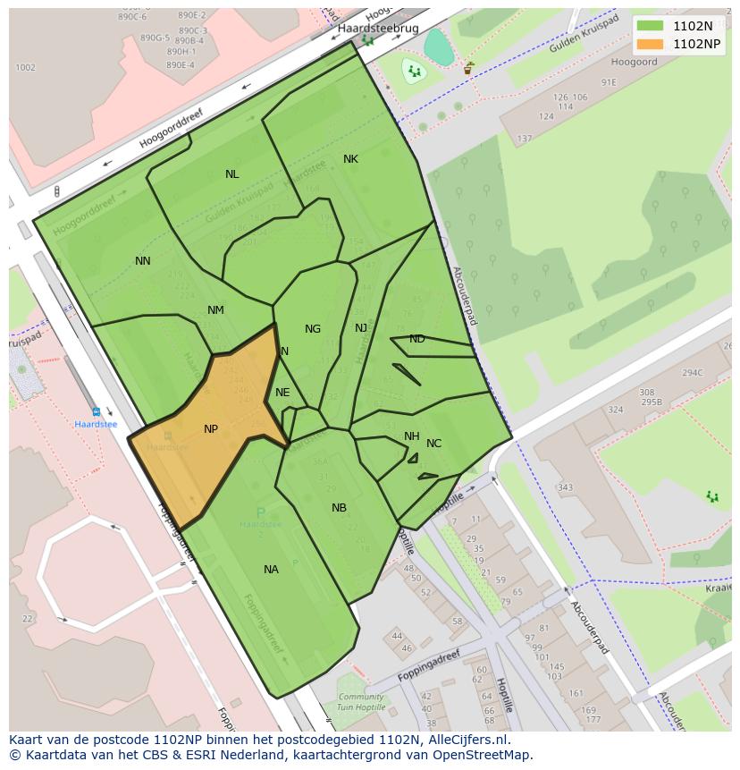 Afbeelding van het postcodegebied 1102 NP op de kaart.