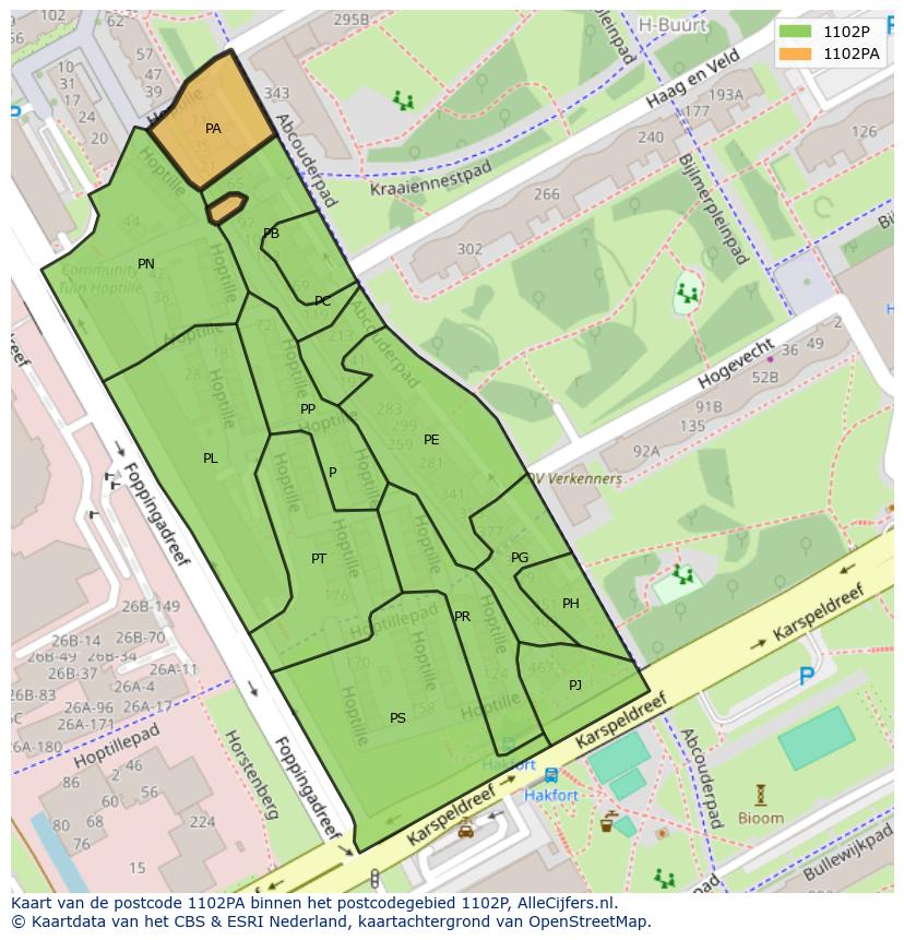 Afbeelding van het postcodegebied 1102 PA op de kaart.