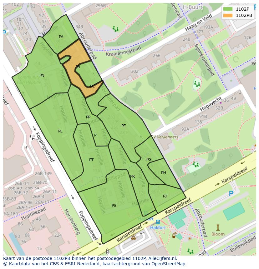 Afbeelding van het postcodegebied 1102 PB op de kaart.