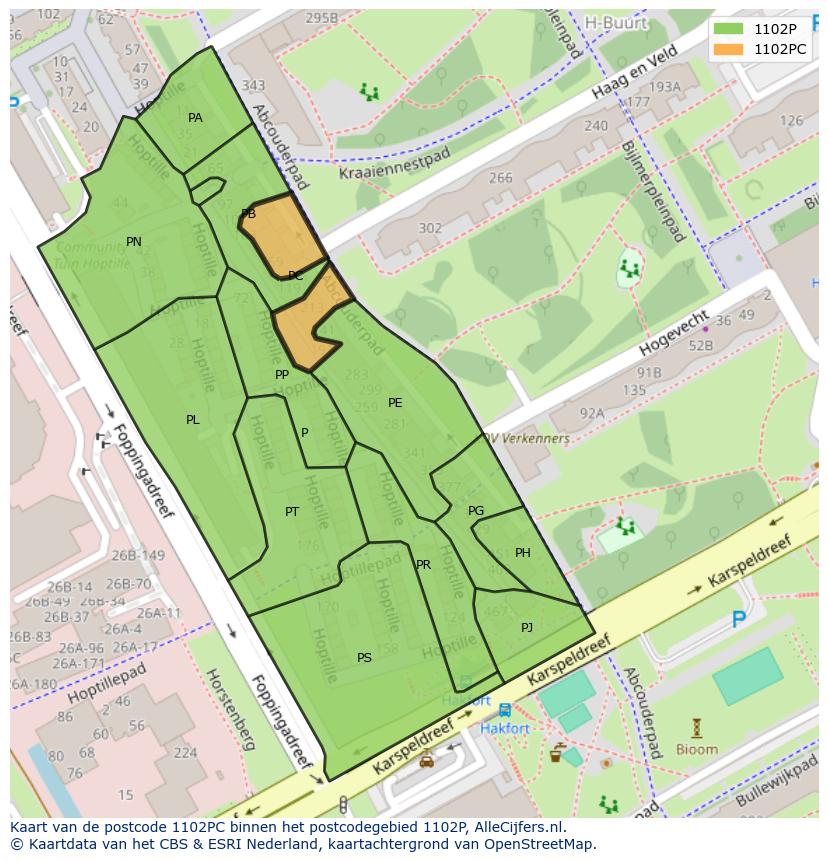 Afbeelding van het postcodegebied 1102 PC op de kaart.