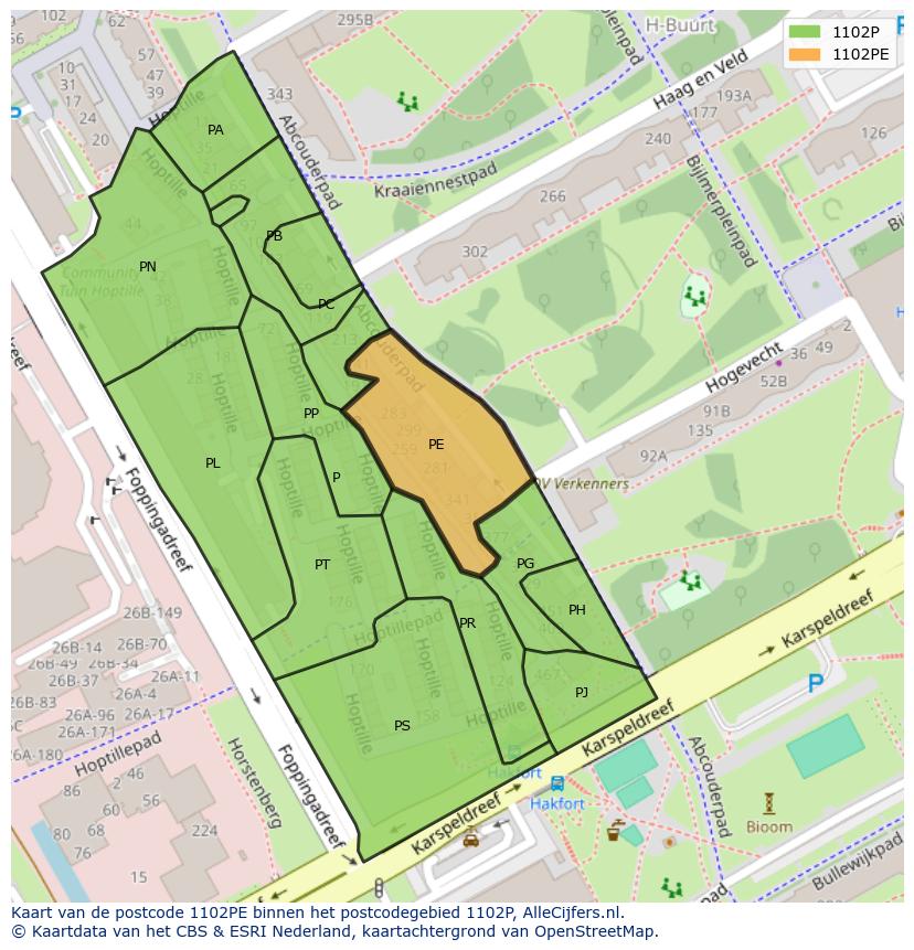Afbeelding van het postcodegebied 1102 PE op de kaart.