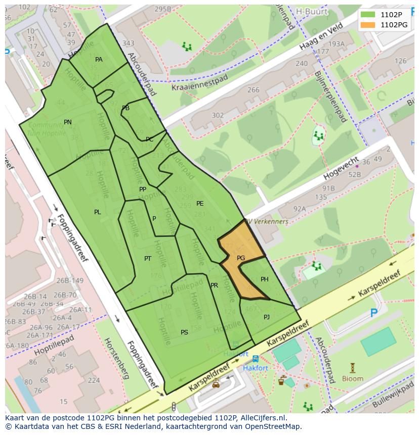 Afbeelding van het postcodegebied 1102 PG op de kaart.