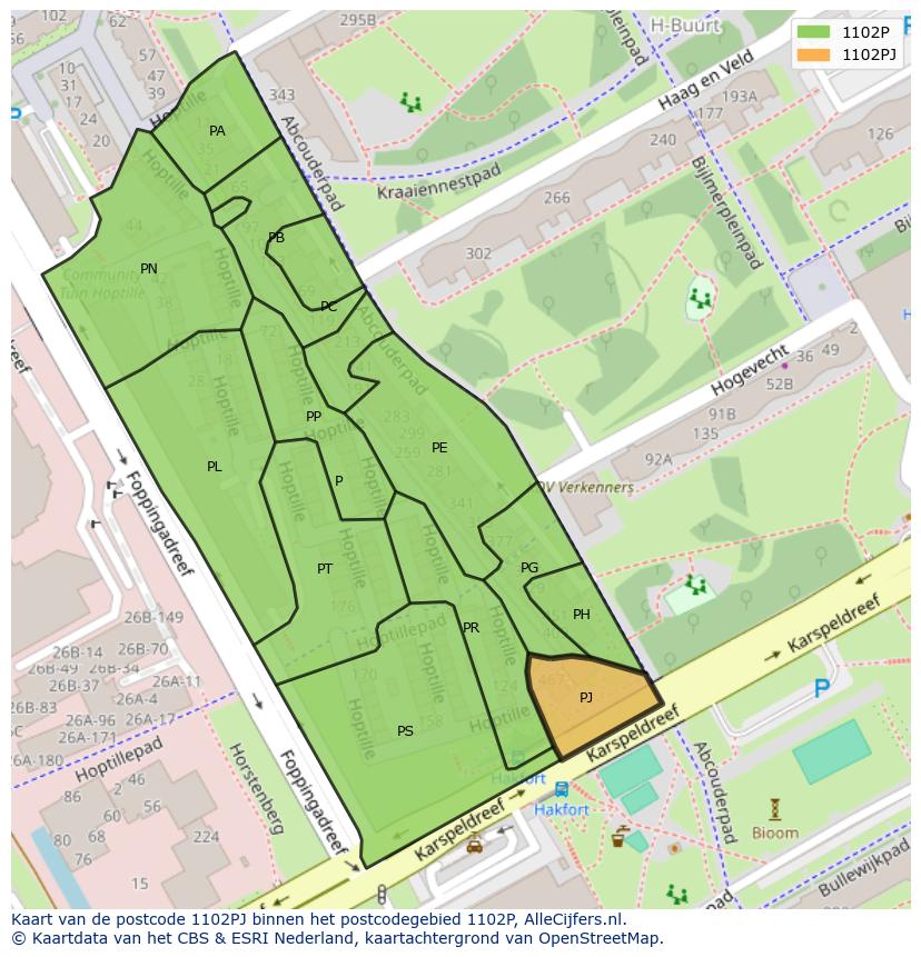 Afbeelding van het postcodegebied 1102 PJ op de kaart.