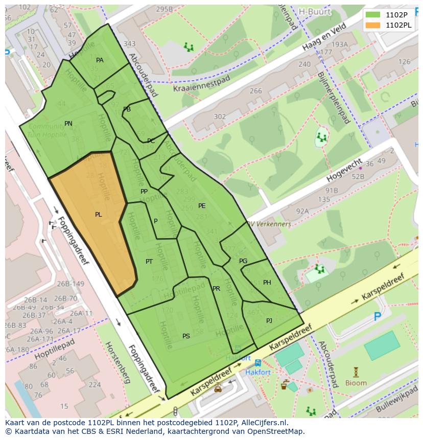 Afbeelding van het postcodegebied 1102 PL op de kaart.