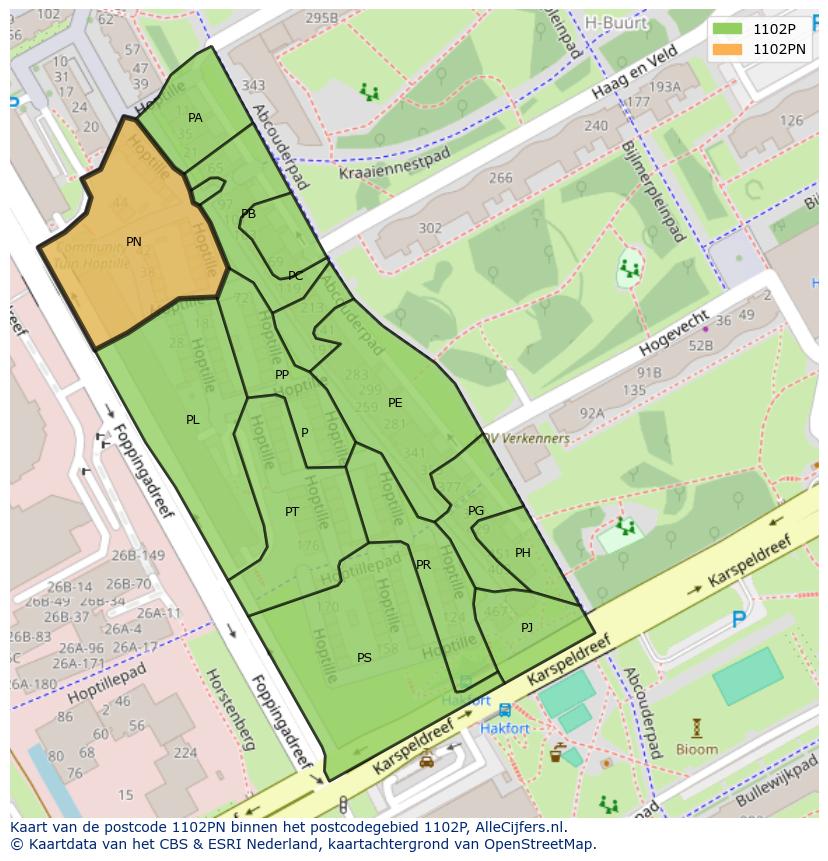 Afbeelding van het postcodegebied 1102 PN op de kaart.