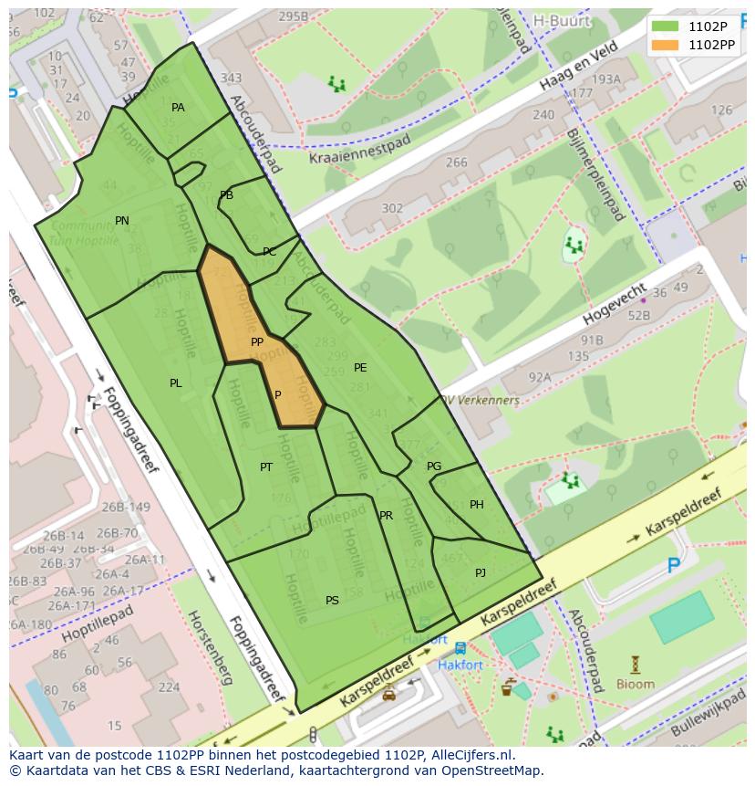 Afbeelding van het postcodegebied 1102 PP op de kaart.
