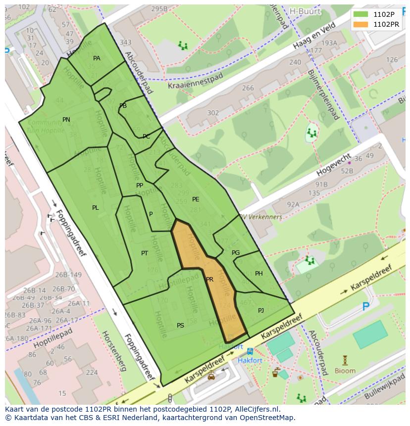 Afbeelding van het postcodegebied 1102 PR op de kaart.