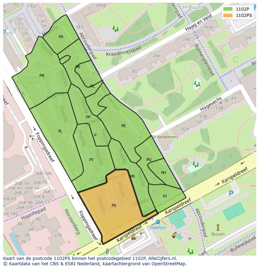 Afbeelding van het postcodegebied 1102 PS op de kaart.