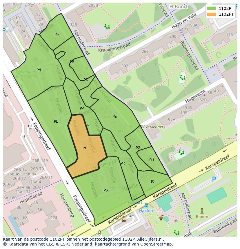 Afbeelding van het postcodegebied 1102 PT op de kaart.