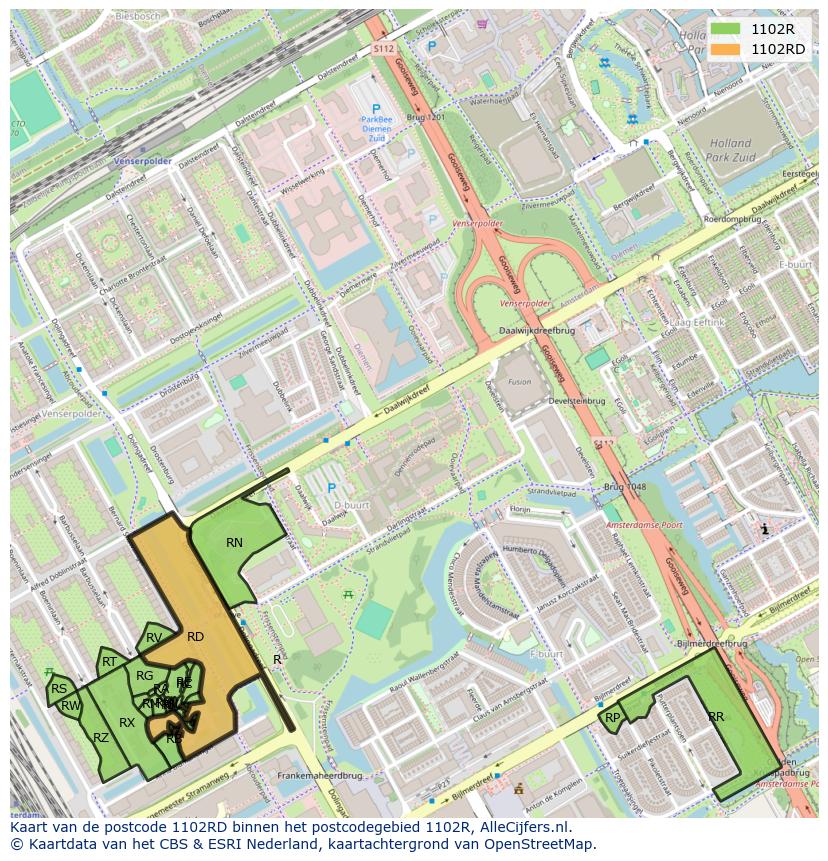 Afbeelding van het postcodegebied 1102 RD op de kaart.