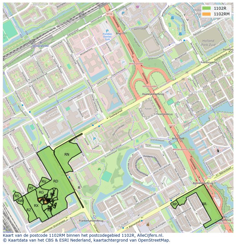 Afbeelding van het postcodegebied 1102 RM op de kaart.