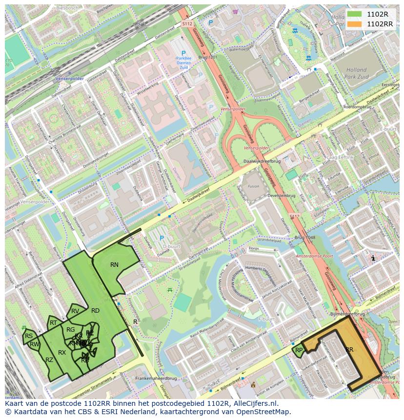 Afbeelding van het postcodegebied 1102 RR op de kaart.