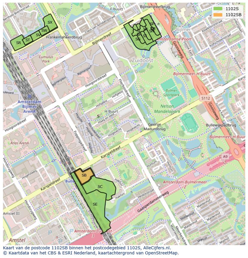 Afbeelding van het postcodegebied 1102 SB op de kaart.