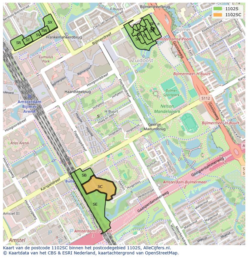 Afbeelding van het postcodegebied 1102 SC op de kaart.