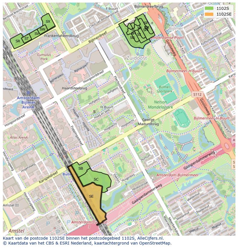 Afbeelding van het postcodegebied 1102 SE op de kaart.