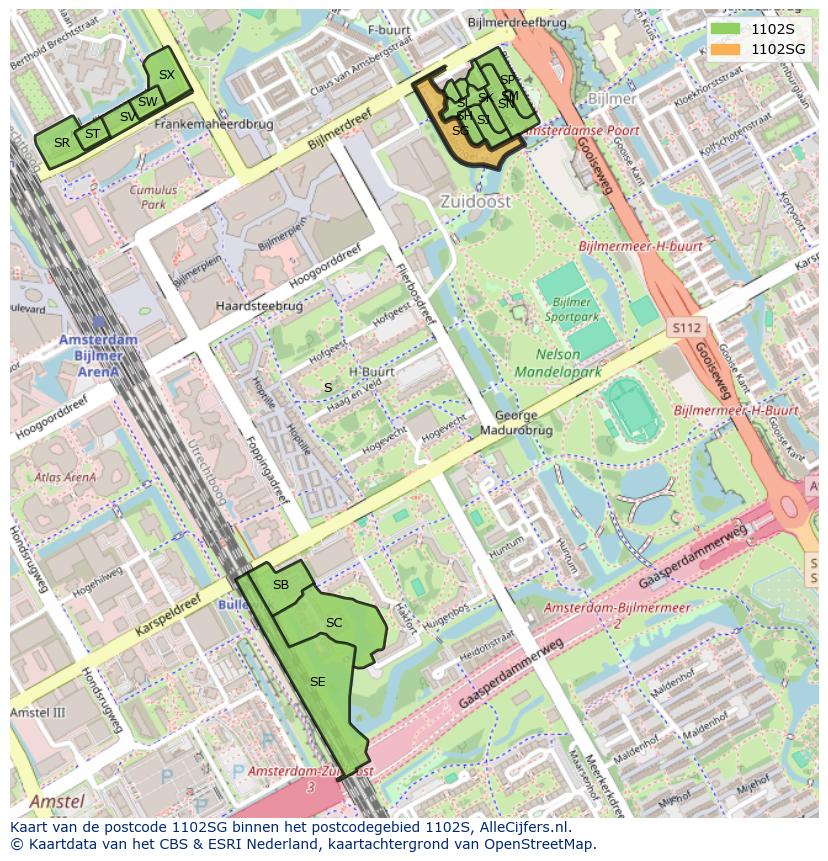Afbeelding van het postcodegebied 1102 SG op de kaart.