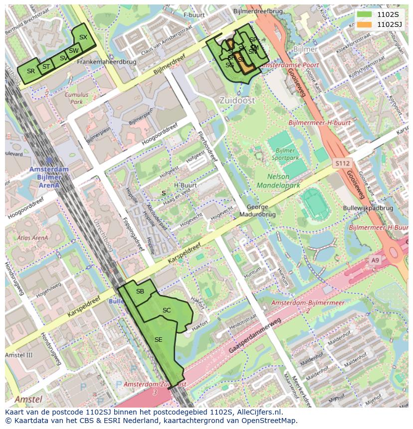 Afbeelding van het postcodegebied 1102 SJ op de kaart.