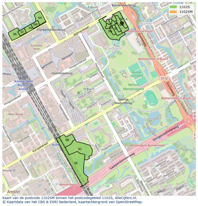Afbeelding van het postcodegebied 1102 SM op de kaart.