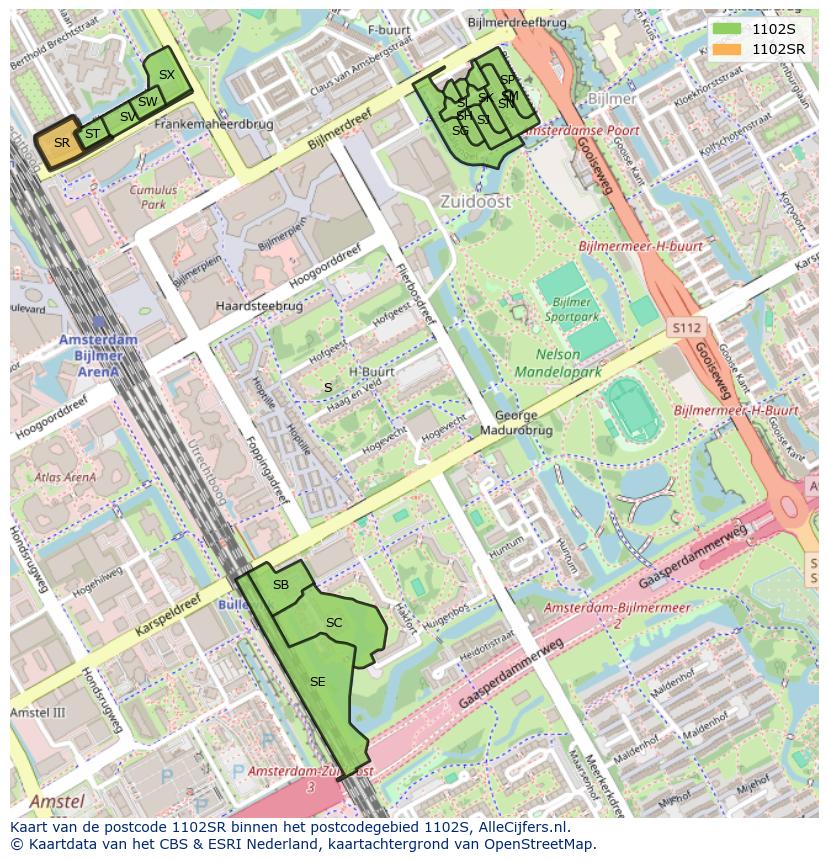 Afbeelding van het postcodegebied 1102 SR op de kaart.