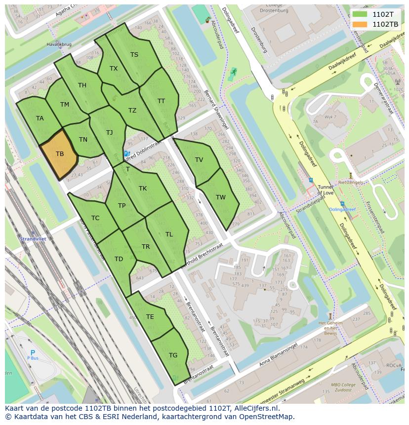 Afbeelding van het postcodegebied 1102 TB op de kaart.