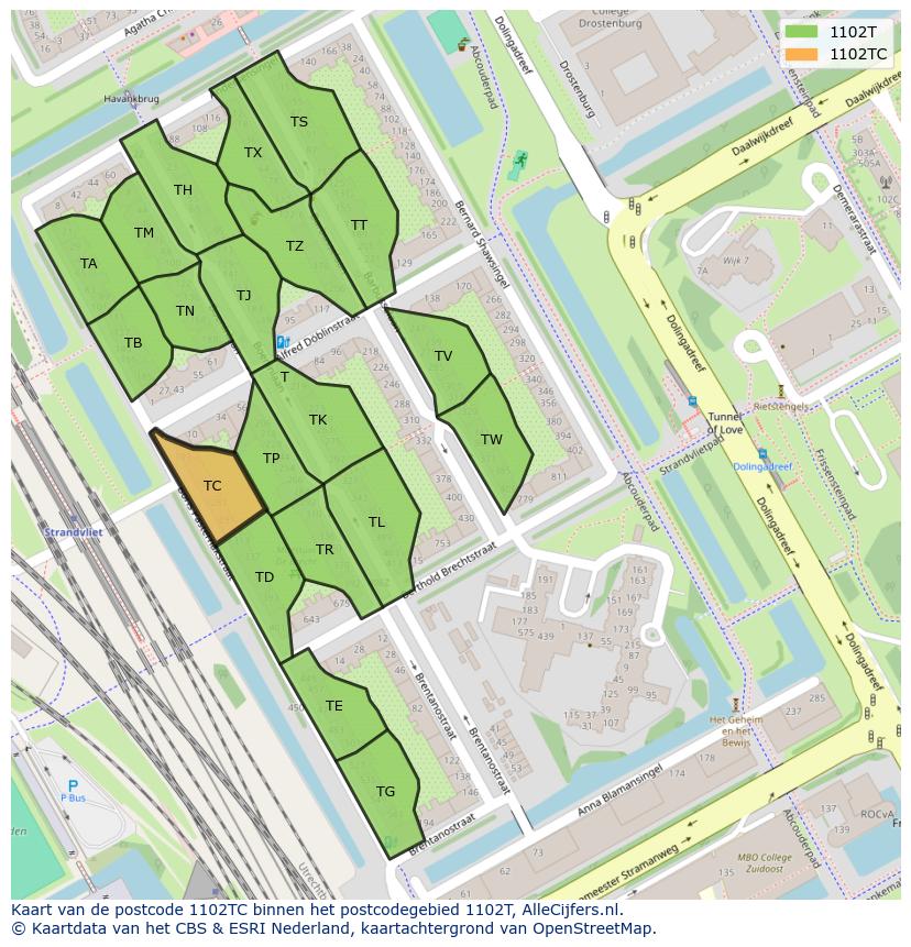 Afbeelding van het postcodegebied 1102 TC op de kaart.