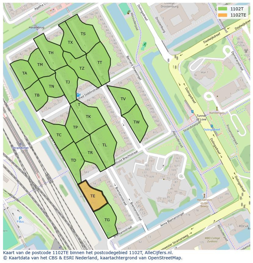 Afbeelding van het postcodegebied 1102 TE op de kaart.