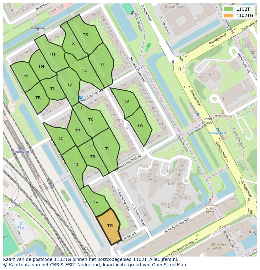 Afbeelding van het postcodegebied 1102 TG op de kaart.