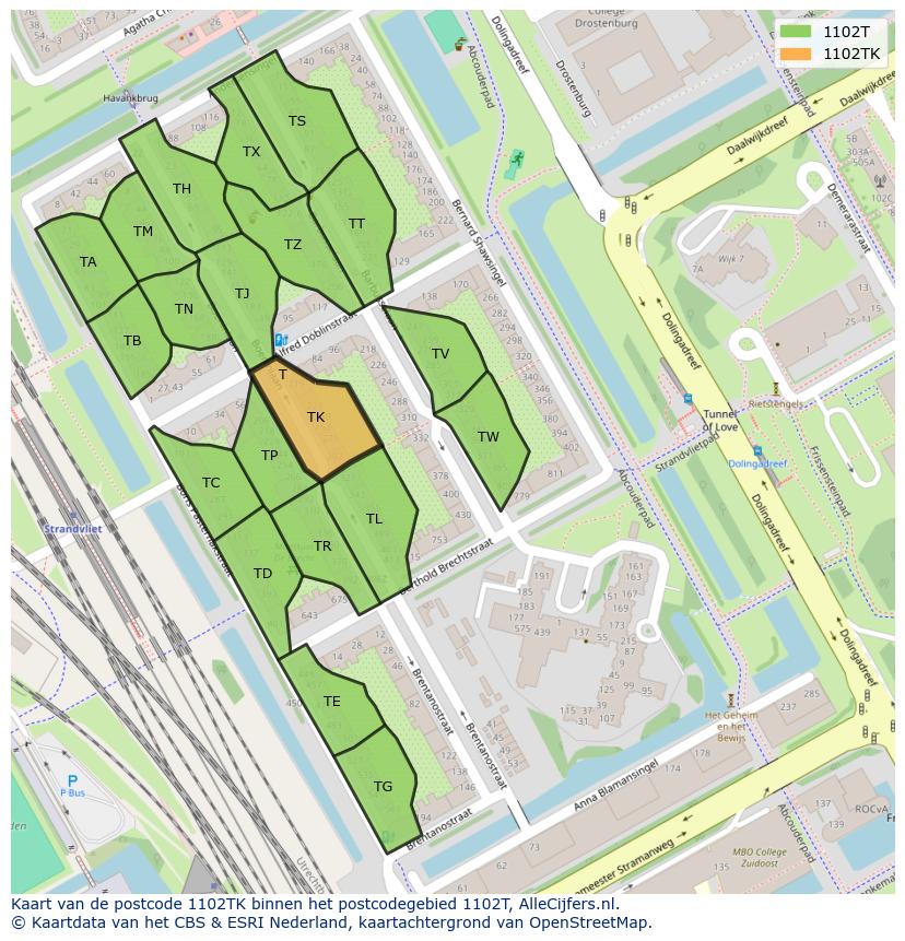 Afbeelding van het postcodegebied 1102 TK op de kaart.
